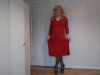 Red dress, black stockings, no panties - ashemaletube.com