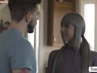Ash gray haired TS gets analed in kitchen - ashemaletube.com