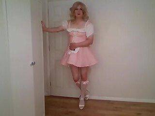 Pink - Pink sissy maid's outfit and no panties - ashemaletube.com